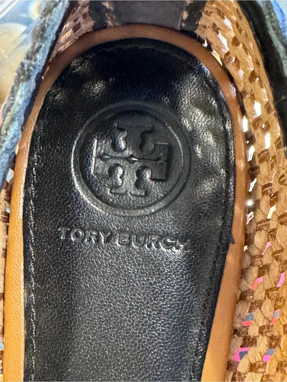 Tory Burch Tan and Black Woven Logo Ballet Flats - Size 9.5